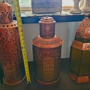 3 copper color tin lanterns